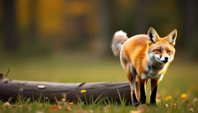 Red fox jumping playfully over a log