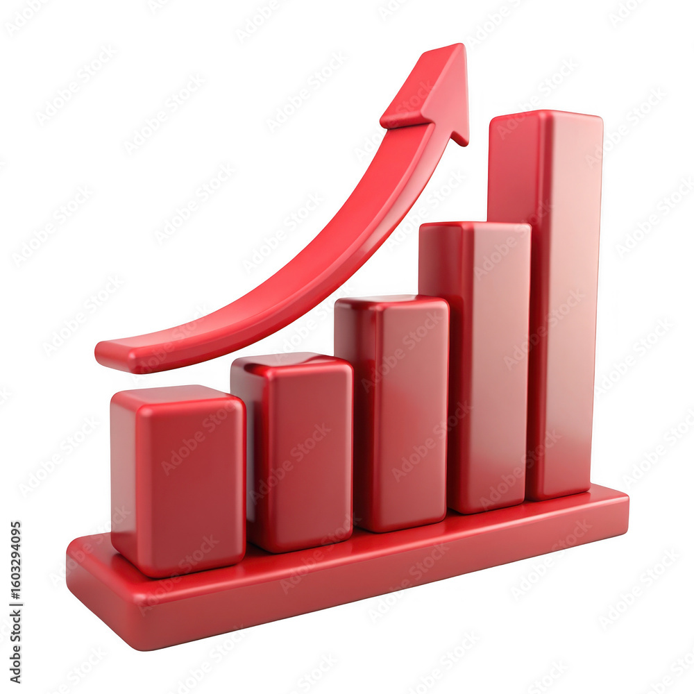 Poster red bar graph with arrow rising on transparent background
