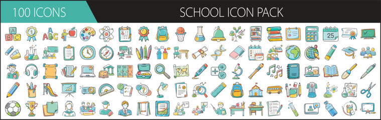 School Icon Pack with 100 Education and Learning Elements - A colorful set of 100 cartoon-style school icons, including books, pencils, science tools, classrooms, and students for educational design p © SulaimanIslam