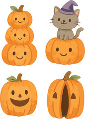 Smiling Halloween pumpkins stacked with witch cat on top, festive autumn illustration for spooky decoration, cute seasonal design, vector art