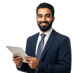 Smiling indian businessman confidently holding a tablet computer while wearing a sharp suit against a black background