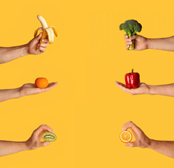 Healthy diet. Collage with male hands holding fresh fruits and vegetables on orange background,...