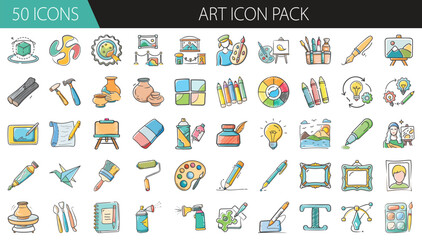 Art Icon Pack with 50 Creative Drawing and Design Tools - A colorful collection of 50 hand-drawn art icons, including brushes, paint, pencils, easels, and palettes for artistic and creative design pro © SulaimanIslam