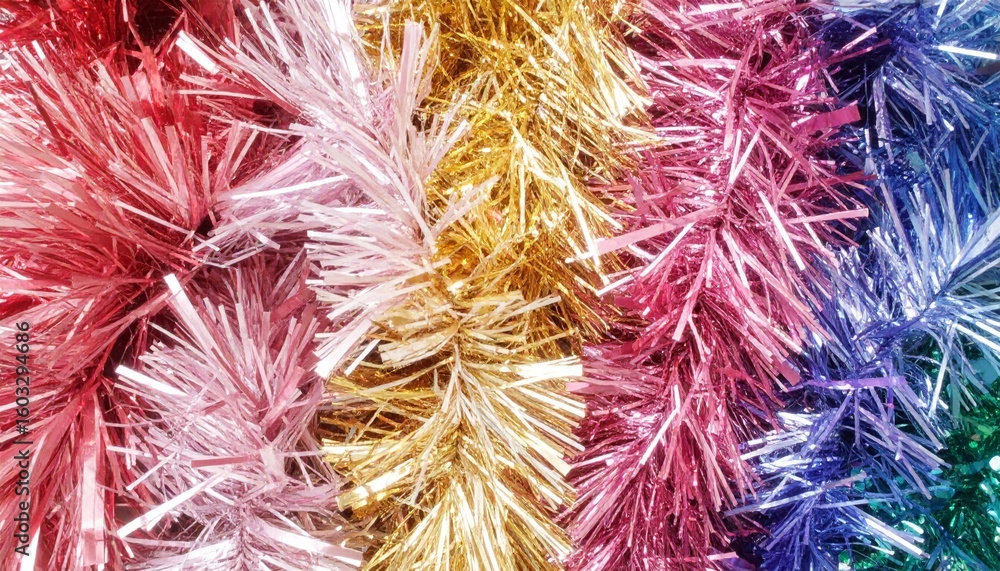 Poster close up of multicolored metallic tinsel strands with sparkle and shimmer
