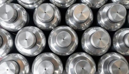 Close Up Pattern of Shiny Silver Metal Cylinders Industrial Arrangement Overhead