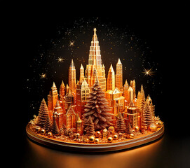 Golden Winter Christmas Isometric City illustration on dark  background with trees, skyscraper buildings.