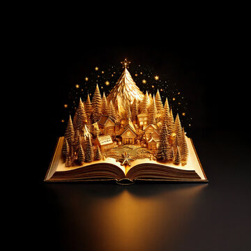 Golden Christmas Isometric Village illustration on open book; on dark  background with many decorative branches, decorations, stars.