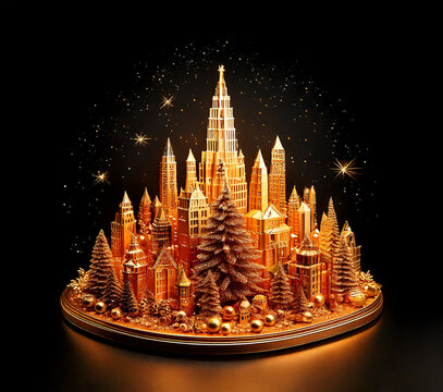 Golden Winter Christmas Isometric City illustration on dark  background with trees, skyscraper buildings.