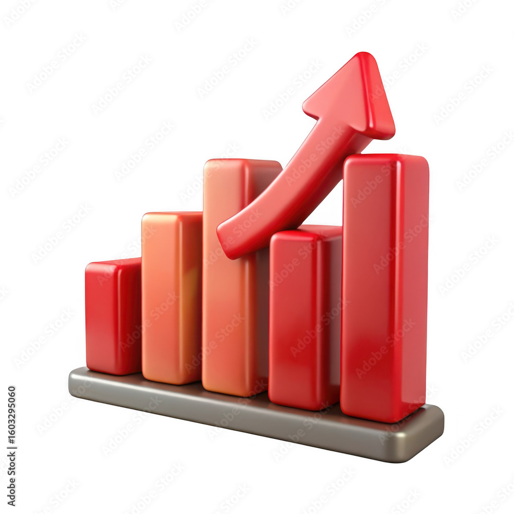Poster red bar graph with arrow pointing up on transparent background