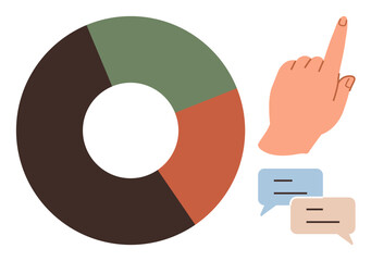 Donut chart with brown, green, and orange sections next to an upward-pointing hand and speech bubbles. Ideal for data analysis, collaboration, teamwork, feedback, strategy, decision-making simple
