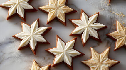 Star-Shaped Christmas Cookies with Orange Filling on Marble Surface