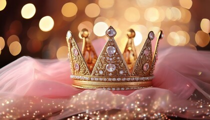 princess birthday party golden bedazzled princess crown on a pink tulle fabric with golden bokeh background