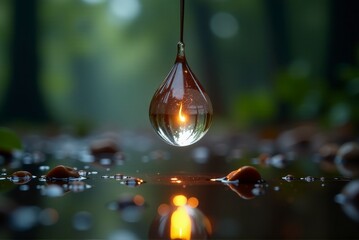 A stunning water droplet hangs in the forest, capturing and reflecting light beautifully.