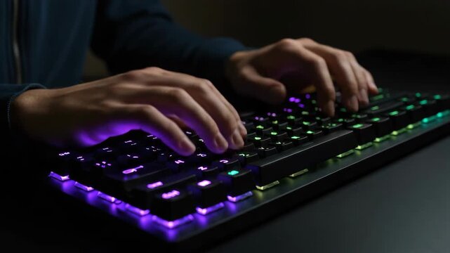 Hands typing on illuminated keyboard