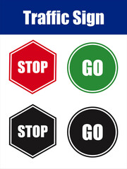 Animated Stop and Go Traffic Sign Icon Set. Four bold traffic icons representing stop and go signals in distinct color variations.