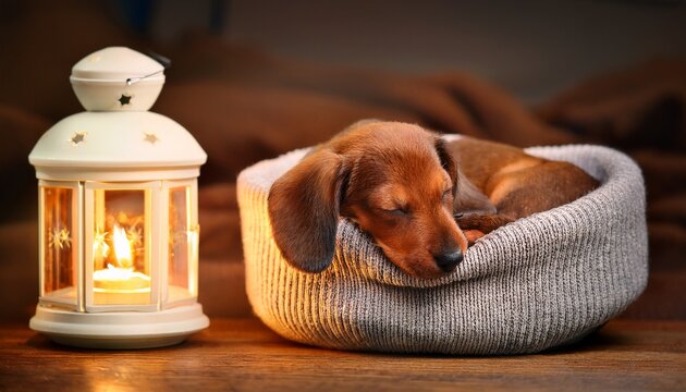 dachshund puppy sleeping in sweater basket under warm lamp