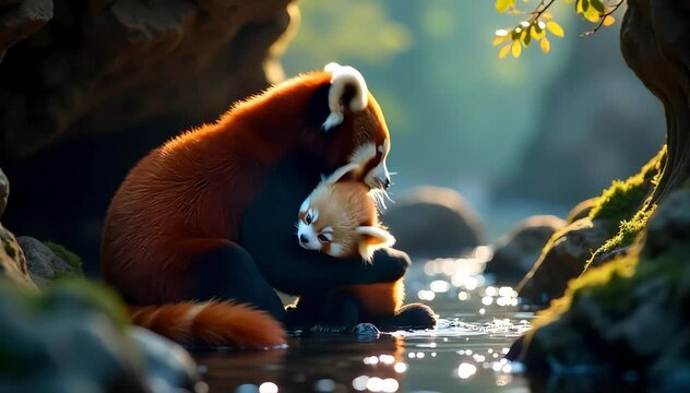 Red panda hugging its baby gently under the shade