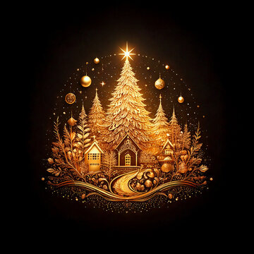 Golden Christmas Village illustration on dark  background with many decorative buildings, trees, Christmas decorations, stars.