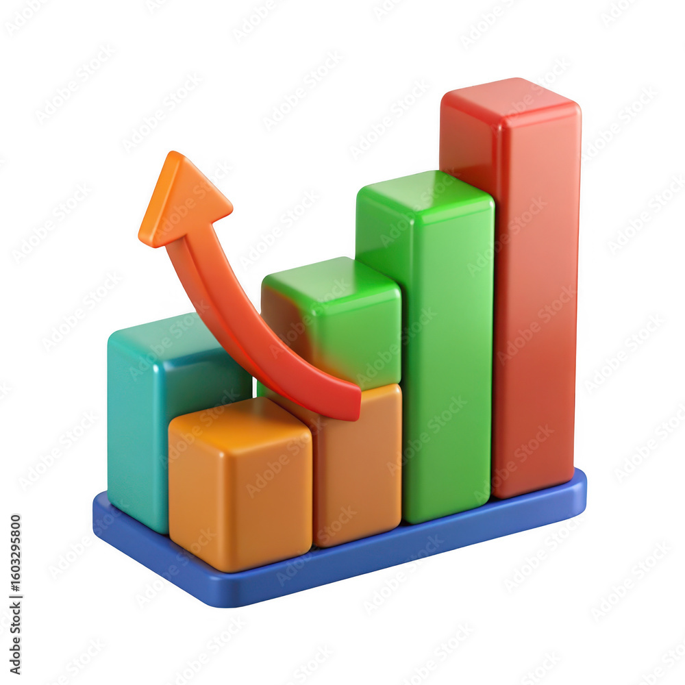 Poster colorful bar graph with upward arrow on transparent background