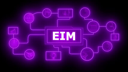 E I M business network diagram glowing neon purple icons global connections finance people - Powered by Adobe