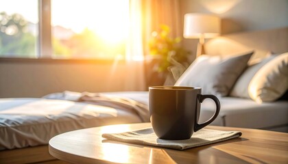 Cozy bedroom scene at sunrise with a mug of coffee