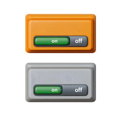 Orange industrial control panel with green button and on off switches isolated on transparent background