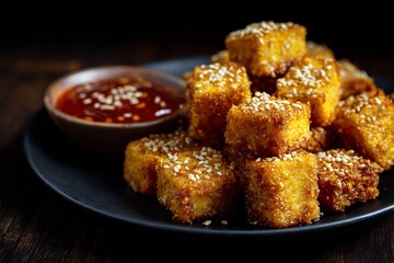 Thai style crispy fried tofu sweet chili sauce garnished with sesame seeds vegan snack close up