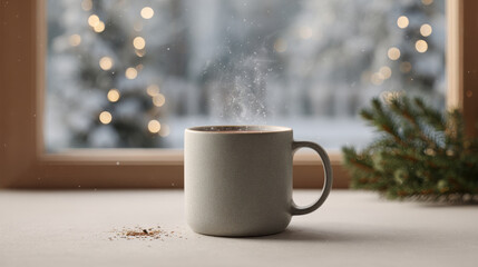 peaceful minimalist christmas celebration atmosphere in usa is captured with cozy mug of hot chocolate