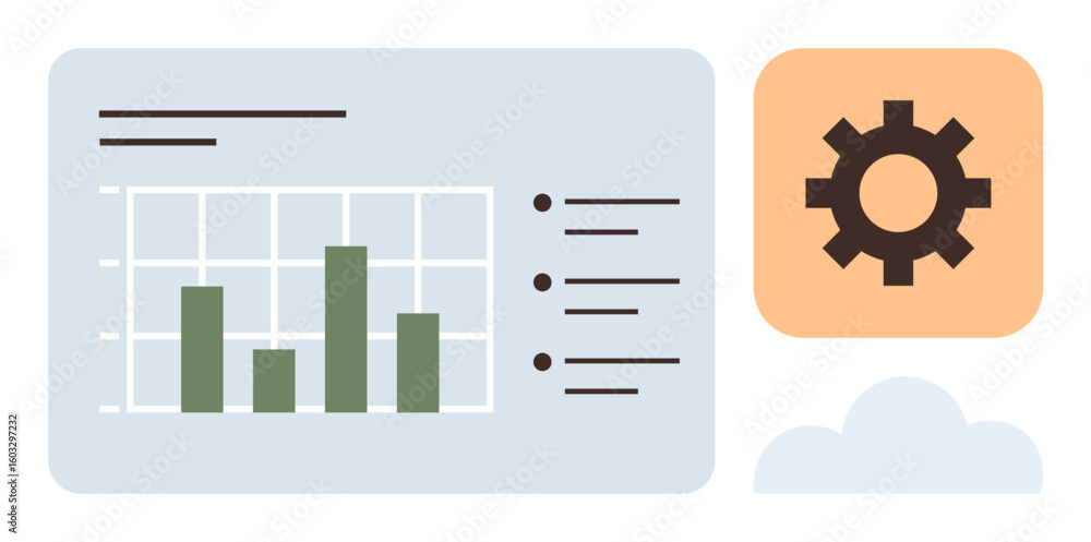 Poster bar chart and menu on data-driven interface paired with gear icon and cloud silhouette. ideal for te