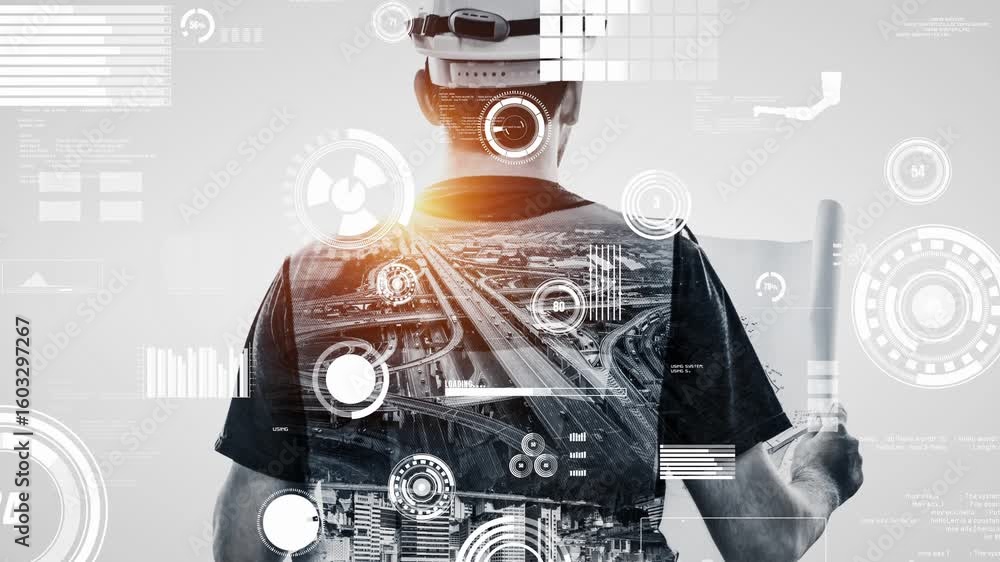 Poster future building construction and inventive engineering project concept with hud hologram graphic des