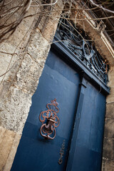 Rusty door knocker and wisteria
