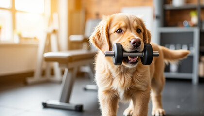 Golden retriever holding dumbbell in home gym with sunlight 