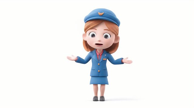 Charming 3D Animated Girl: Welcoming Gesture,  Friendly Officer,  Blue Uniform, White Background