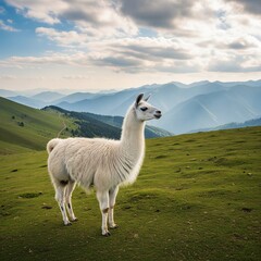 Gentle Llama Standing Calmly on Highland Pasture
