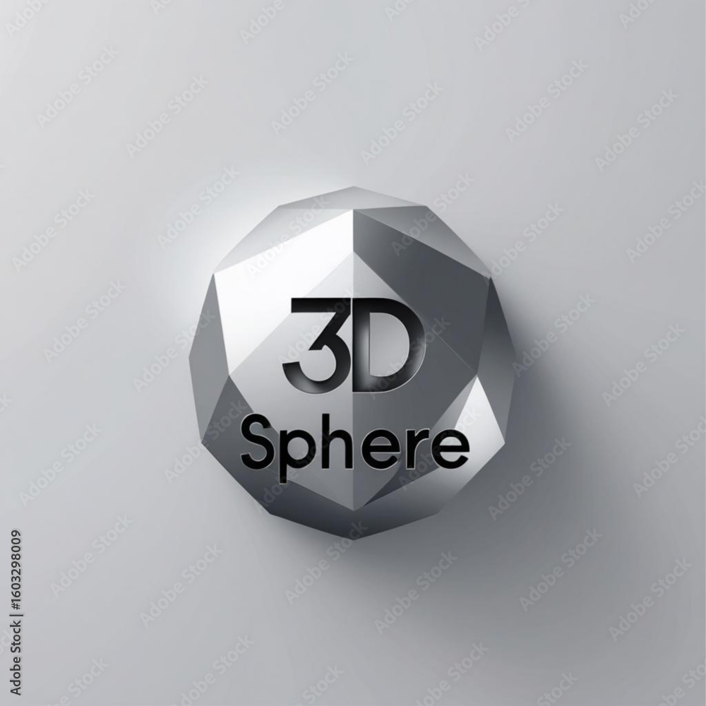 Poster polygonal object with the words three d sphere displayed in center on a light colored plain surface 