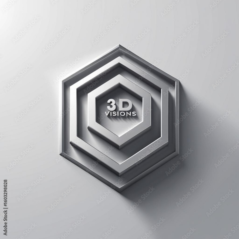 Poster geometric presentation with layered hexagon shapes and text on a light colored surface design elemen