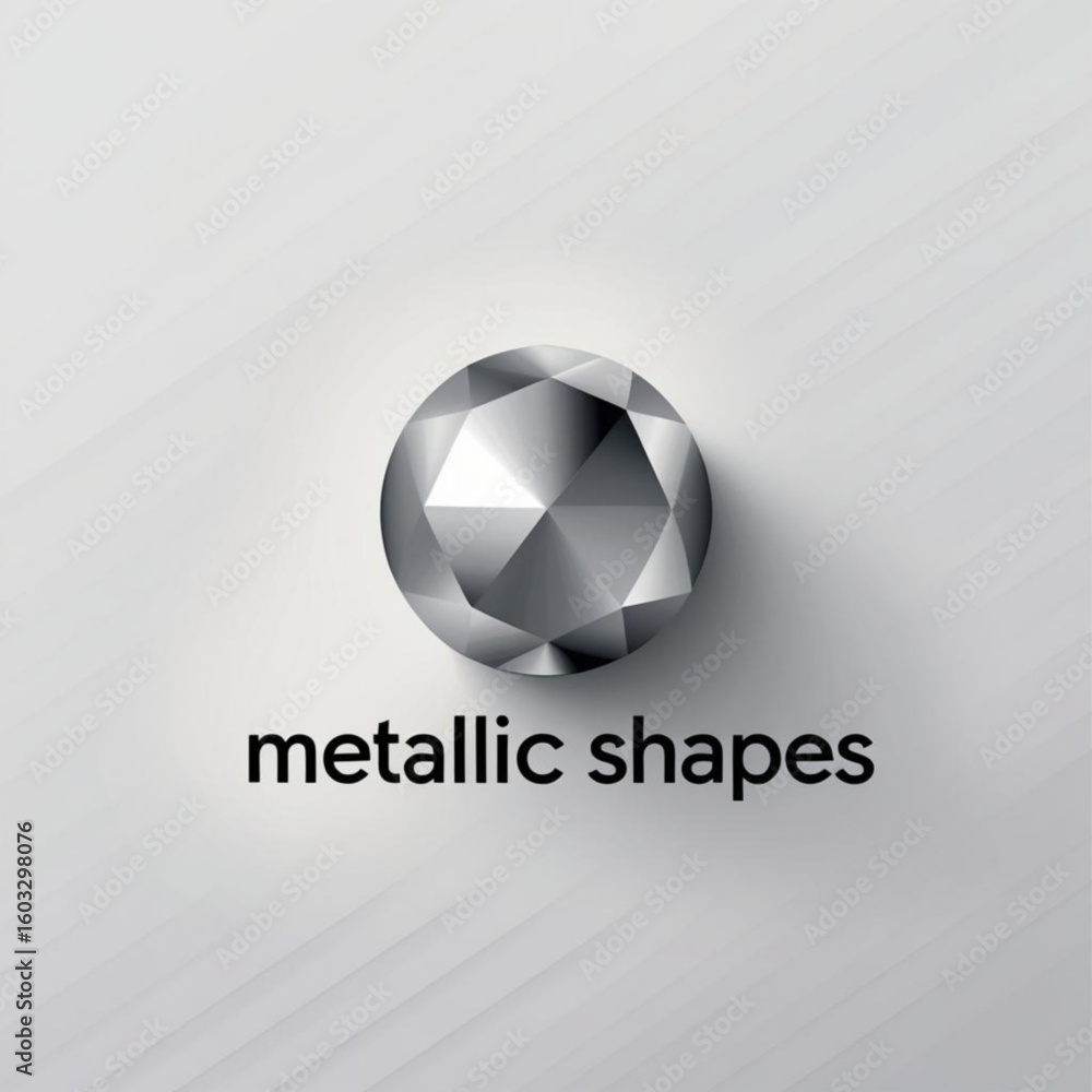 Poster shiny metal sphere with geometric facets casting a soft shadow on a bright neutral surface creating 