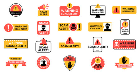 Scam alert warning sign, caution badge set