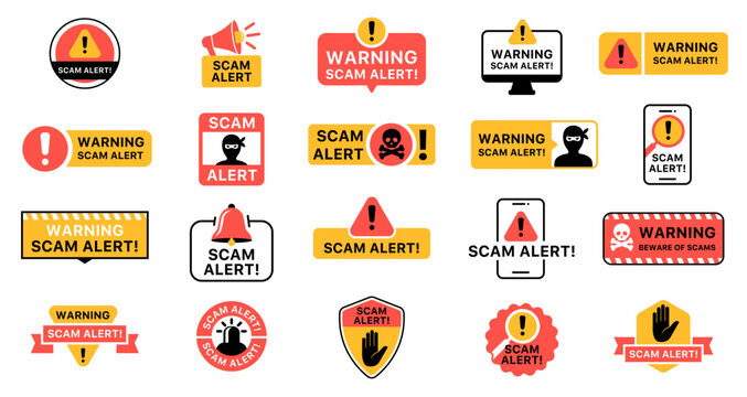 Scam alert warning sign, caution badge set