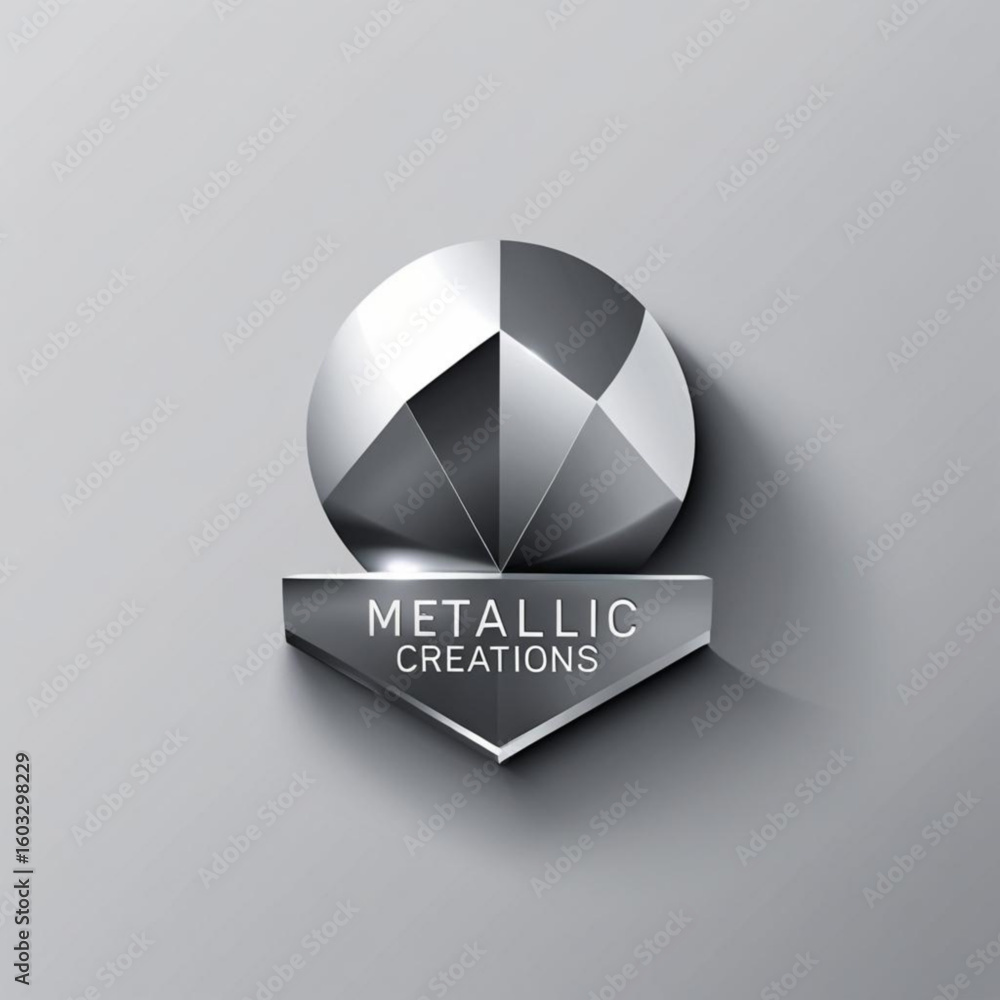 Poster polygonal sphere above a trapezoidal shape with the words metallic creations written on it design