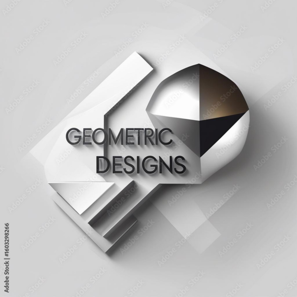 Fototapete illustration of multifaceted sphere and angular shapes with text overlay on a light shaded surface d