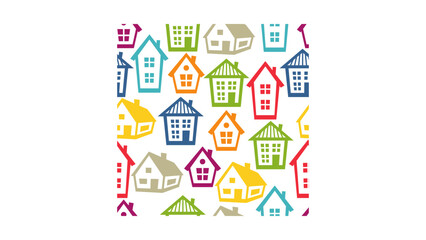 Naklejka premium Vibrant neighborhood pattern with colorful house icons conveying community spirit and cheerful homeownership dreams, perfect for real estate branding and family-friendly designs