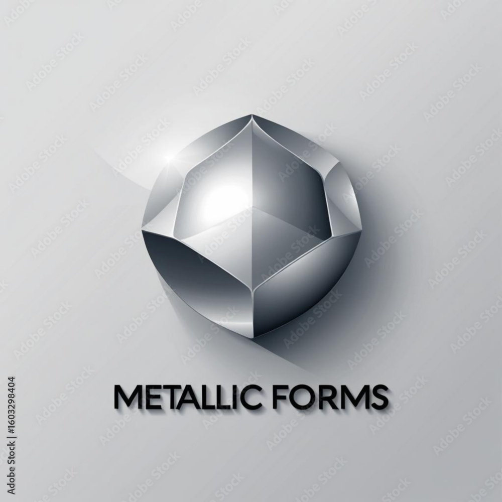 Poster illustration of a silver geometric object with rounded edges and pointed top on a light gray surface