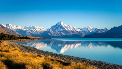Obraz premium mount cook landscape reflection on lake pukaki the highest mountain in new zealand and popular travel destination