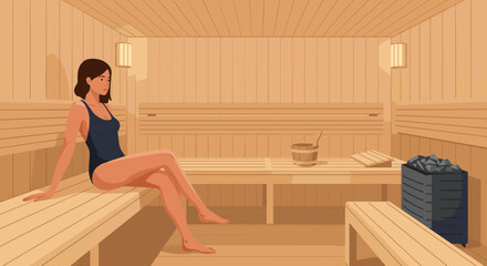 Woman relaxing on bench inside wooden sauna illustration