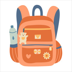 Schoolbag or backpack with a bottle of water and toy hand drawn flat style illustration. Back to school theme element.	
