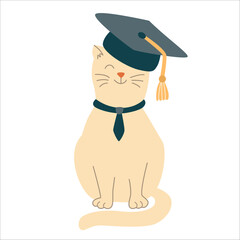 A cute cat with a graduate hat. Hand drawn flat style  illustration. Back to school theme element.	
