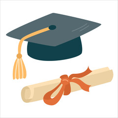 Square academic cap and diploma hand drawn flat style illustration. Back to school theme element.