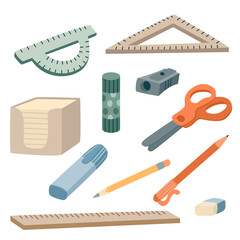 Office supplies or school stationary set. Hand drawn flat style vector illustration