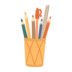 Cup with pens and pencils. Hand drawn flat style vector illustration. Back to school theme element.	
